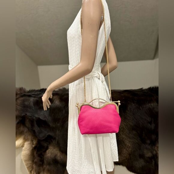 Hot Pink Pebble Leather Handmade Double Kisslock, Metal Frame Handbag Set - Picture 11 of 17